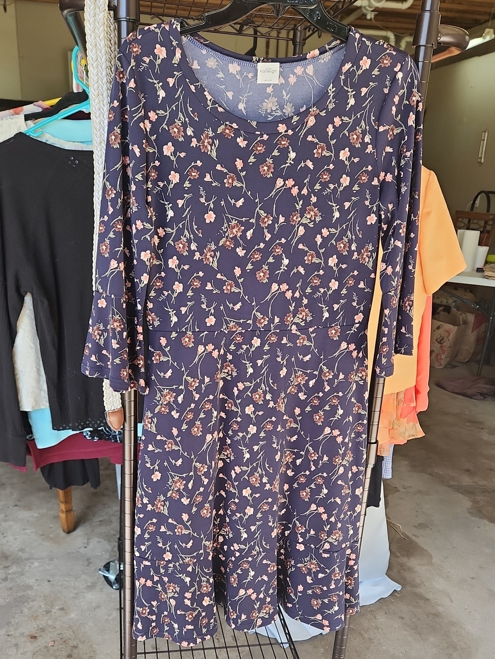 Kaileigh Navy Long-Sleeve Floral A-Line Dress with Pink Blossoms